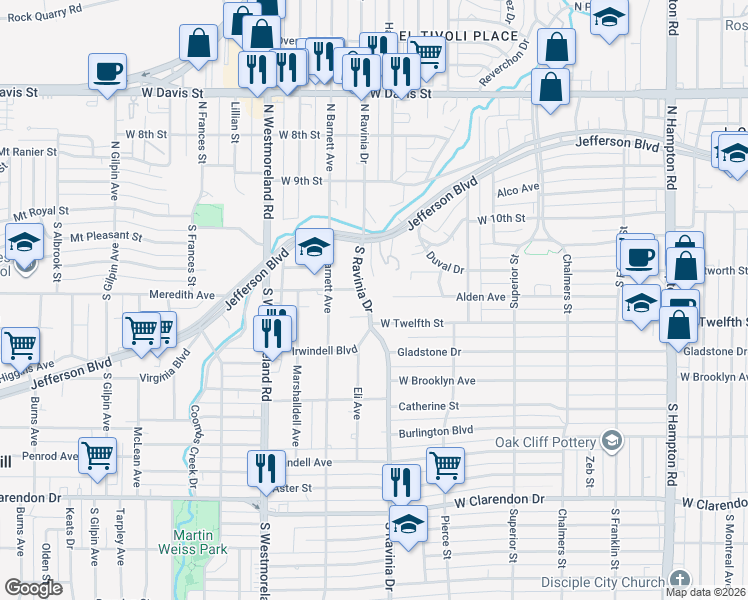 map of restaurants, bars, coffee shops, grocery stores, and more near 419s South Ravinia Drive in Dallas