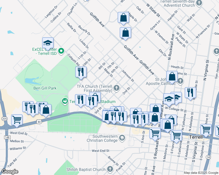 map of restaurants, bars, coffee shops, grocery stores, and more near 602 Lawrence Avenue in Terrell