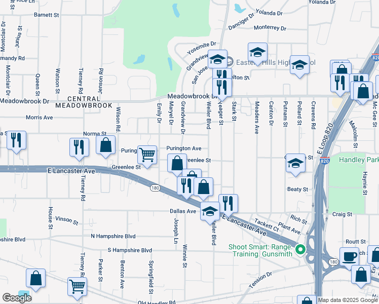 map of restaurants, bars, coffee shops, grocery stores, and more near 5512 Purington Avenue in Fort Worth