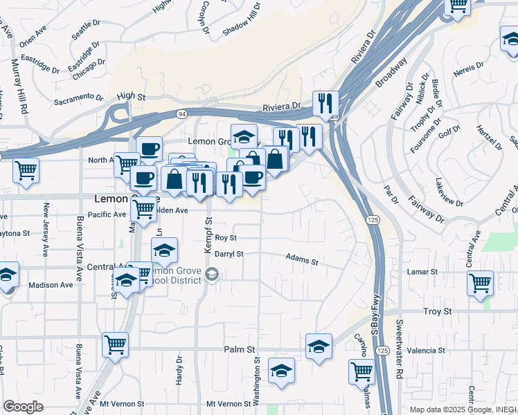 map of restaurants, bars, coffee shops, grocery stores, and more near 8184 Golden Avenue in Lemon Grove