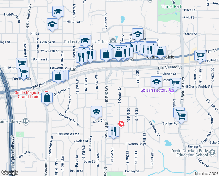 map of restaurants, bars, coffee shops, grocery stores, and more near 129 West Grand Prairie Road in Grand Prairie