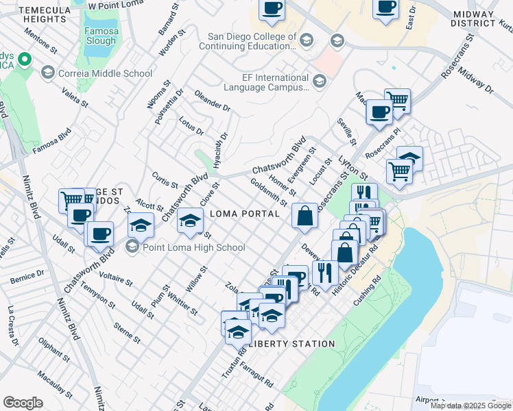 map of restaurants, bars, coffee shops, grocery stores, and more near 3304 Elliott Street in San Diego
