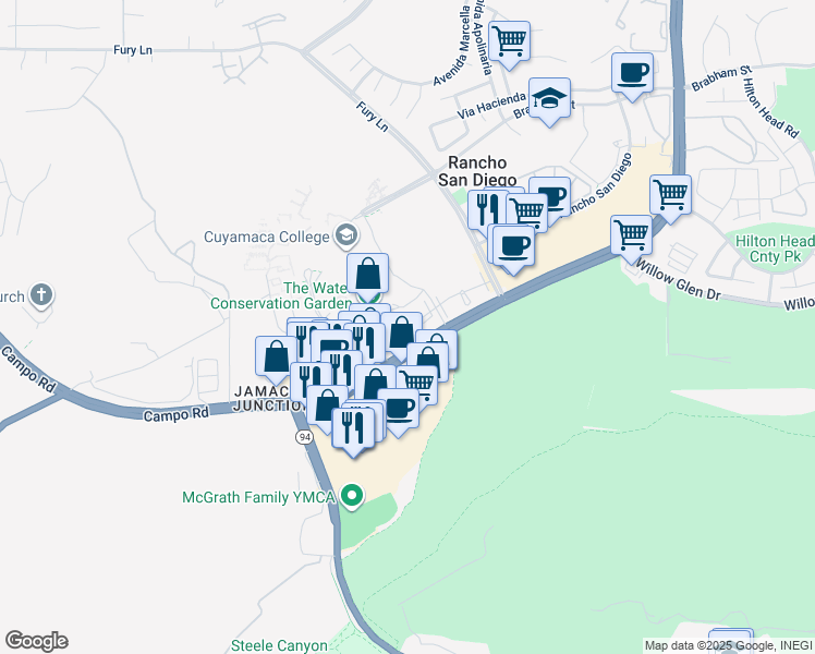 map of restaurants, bars, coffee shops, grocery stores, and more near 12191 Cuyamaca College Drive East in El Cajon