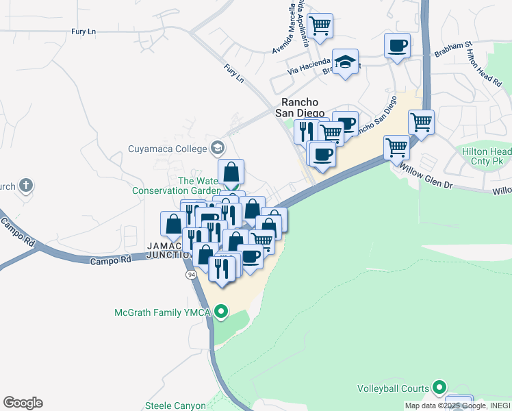 map of restaurants, bars, coffee shops, grocery stores, and more near 12191 Cuyamaca College Drive East in El Cajon