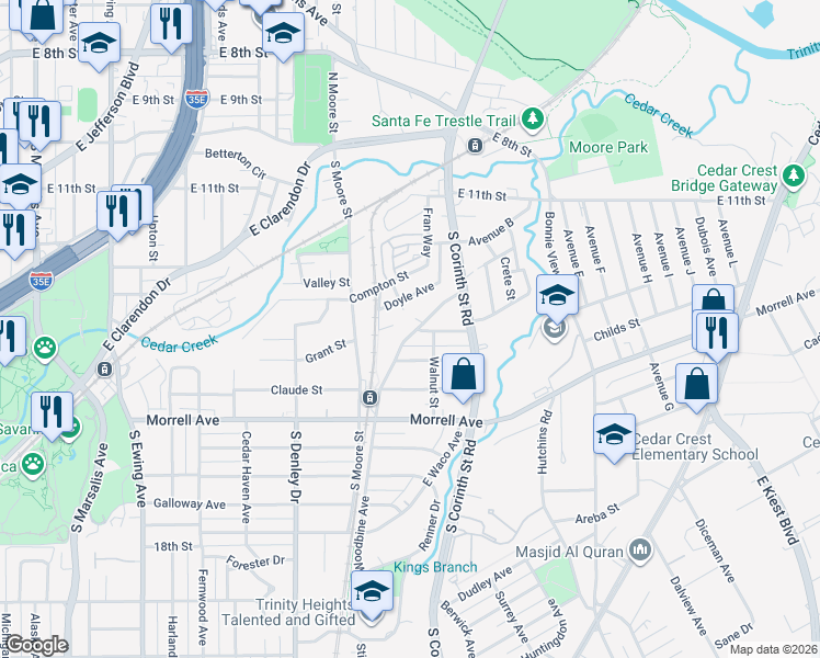 map of restaurants, bars, coffee shops, grocery stores, and more near 563 Woodbine Avenue in Dallas