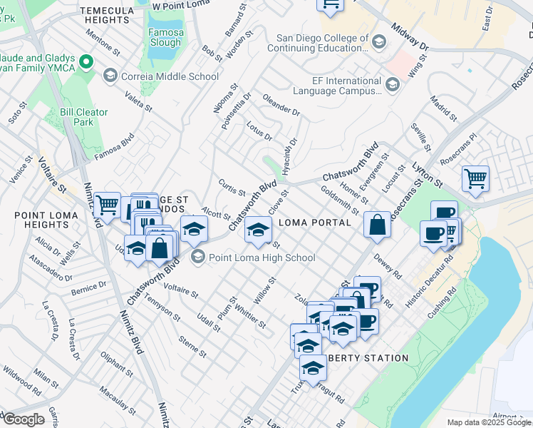 map of restaurants, bars, coffee shops, grocery stores, and more near 2554 Clove Street in San Diego