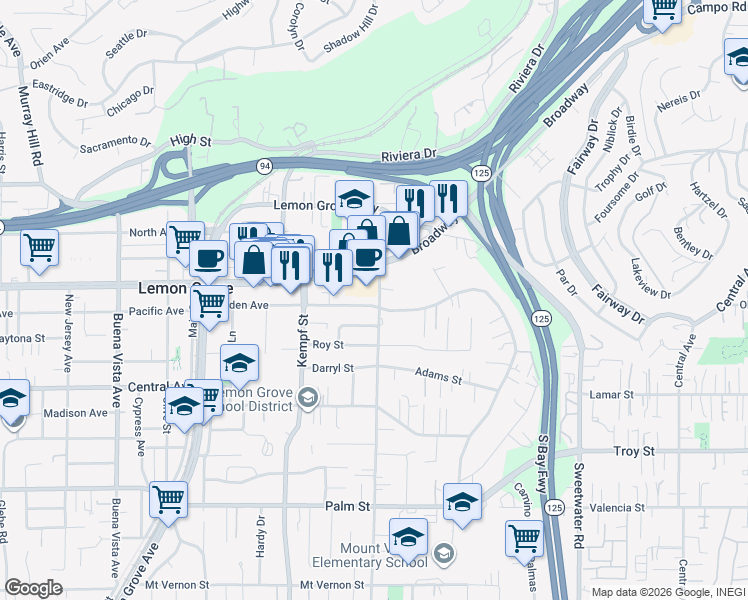 map of restaurants, bars, coffee shops, grocery stores, and more near 8174 Golden Avenue in Lemon Grove