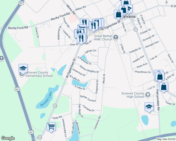 map of restaurants, bars, coffee shops, grocery stores, and more near 218 Sylvan Heights Drive in Sylvania