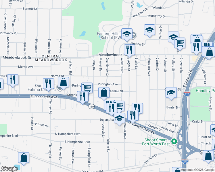 map of restaurants, bars, coffee shops, grocery stores, and more near 5512 Purington Avenue in Fort Worth