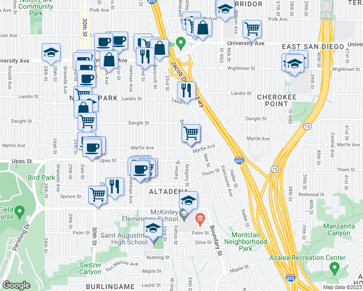 map of restaurants, bars, coffee shops, grocery stores, and more near 3352 Myrtle Avenue in San Diego