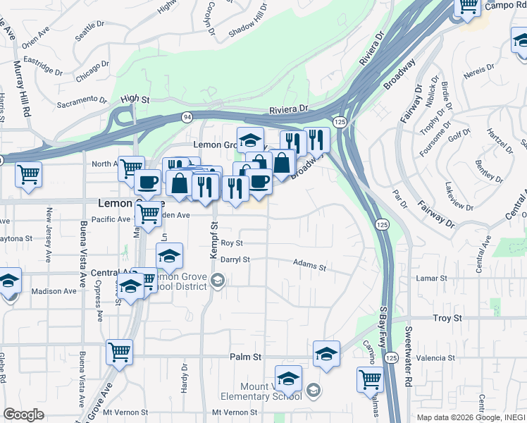 map of restaurants, bars, coffee shops, grocery stores, and more near 8172 Golden Avenue in Lemon Grove