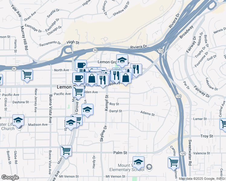 map of restaurants, bars, coffee shops, grocery stores, and more near 8058 Golden Avenue in Lemon Grove