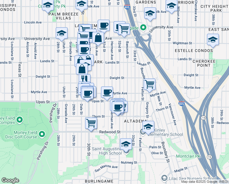map of restaurants, bars, coffee shops, grocery stores, and more near 3501 Herman Avenue in San Diego