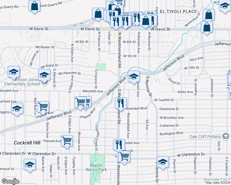 map of restaurants, bars, coffee shops, grocery stores, and more near 411 South Westmoreland Road in Dallas