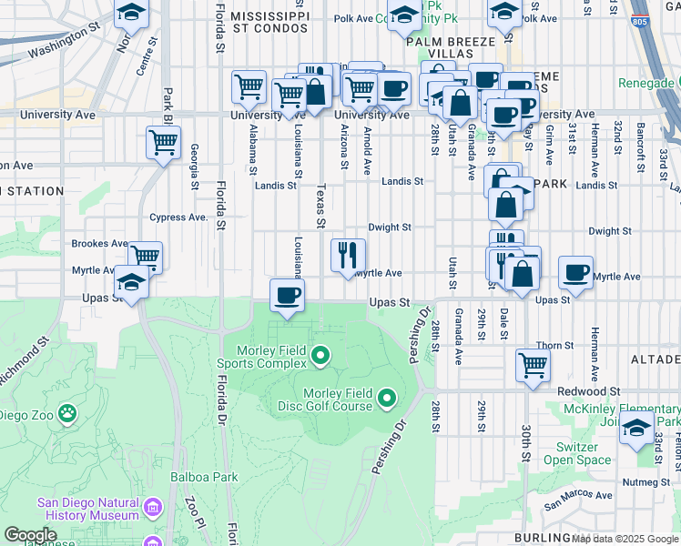 map of restaurants, bars, coffee shops, grocery stores, and more near 3506 Arizona Street in San Diego