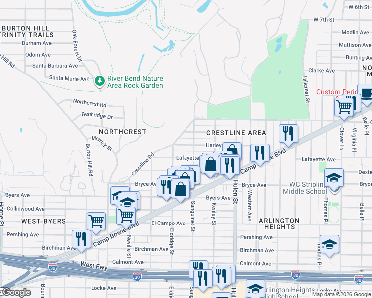 map of restaurants, bars, coffee shops, grocery stores, and more near 4813 Harley Avenue in Fort Worth