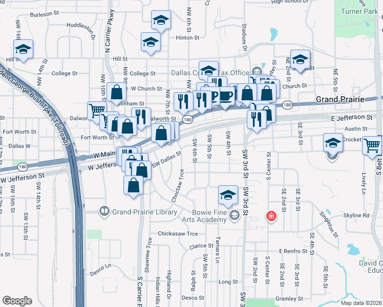map of restaurants, bars, coffee shops, grocery stores, and more near 318 Southwest 6th Street in Grand Prairie