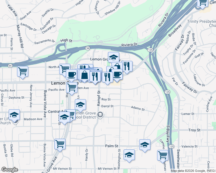 map of restaurants, bars, coffee shops, grocery stores, and more near 8064 Golden Avenue in Lemon Grove