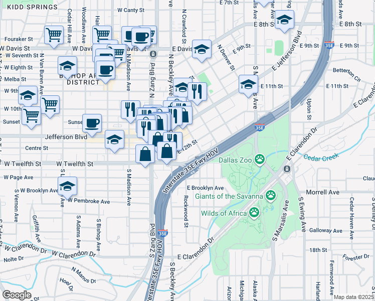 map of restaurants, bars, coffee shops, grocery stores, and more near 118 East 12th Street in Dallas