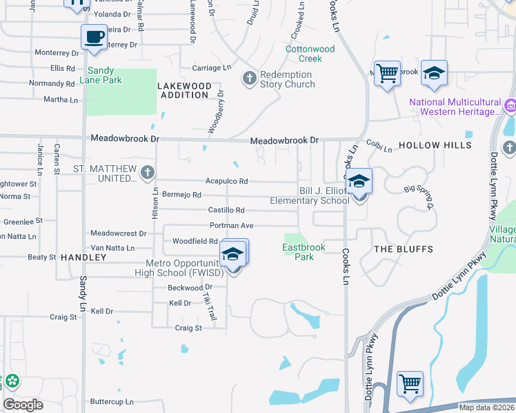 map of restaurants, bars, coffee shops, grocery stores, and more near 7729 Castillo Road in Fort Worth