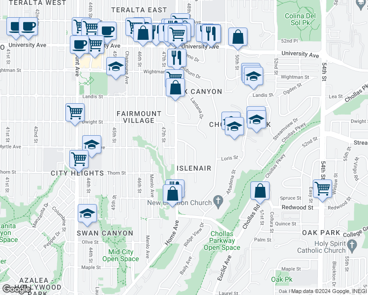 map of restaurants, bars, coffee shops, grocery stores, and more near 3458 Belle Isle Drive in San Diego