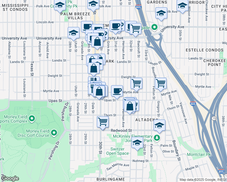map of restaurants, bars, coffee shops, grocery stores, and more near 3080 Myrtle Avenue in San Diego
