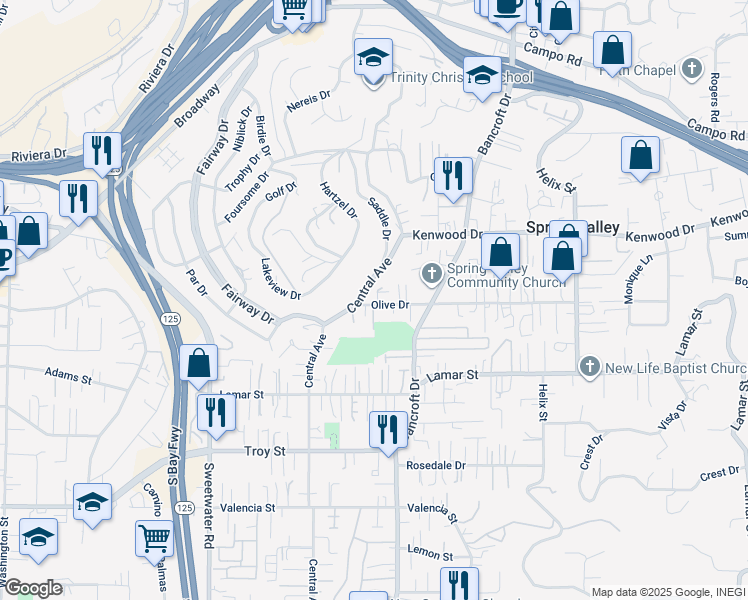 map of restaurants, bars, coffee shops, grocery stores, and more near 8830 Olive Drive in Spring Valley