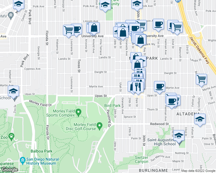 map of restaurants, bars, coffee shops, grocery stores, and more near Myrtle Avenue & Pershing Avenue in San Diego