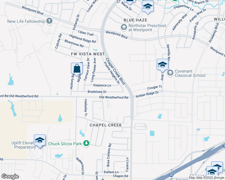 map of restaurants, bars, coffee shops, grocery stores, and more near 10336 Bradshaw Drive in Fort Worth
