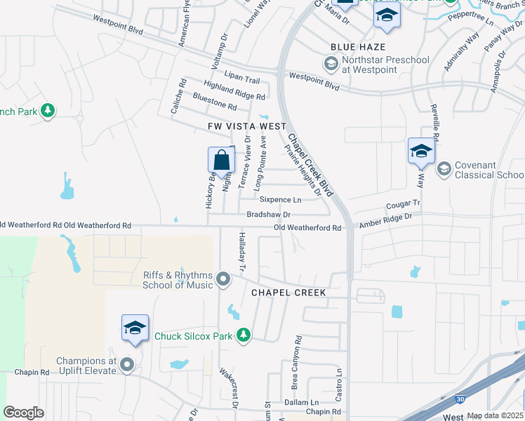 map of restaurants, bars, coffee shops, grocery stores, and more near 10420 Bradshaw Drive in Fort Worth