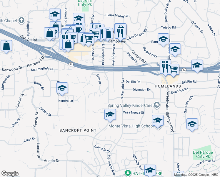 map of restaurants, bars, coffee shops, grocery stores, and more near 3419 South Barcelona Street in Spring Valley