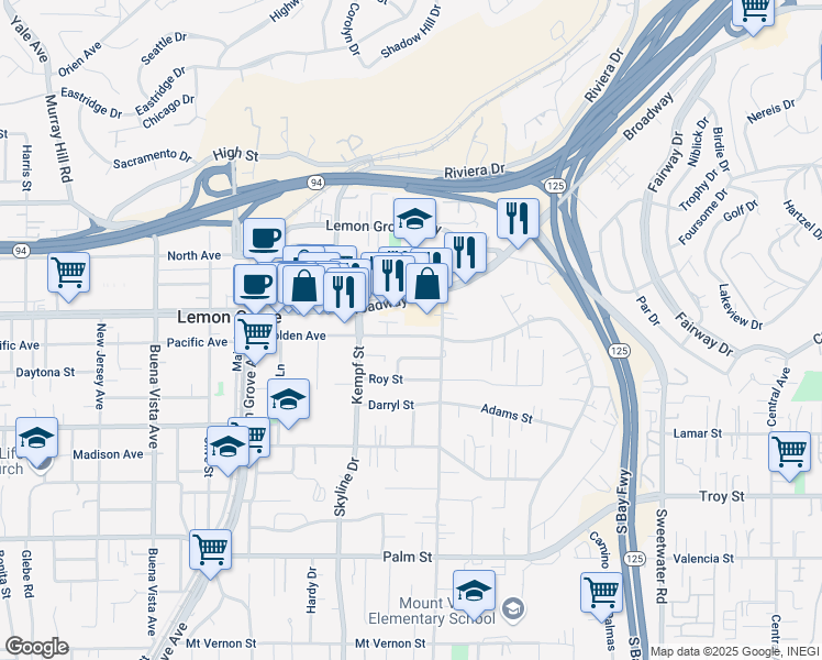 map of restaurants, bars, coffee shops, grocery stores, and more near 8116 Golden Avenue in Lemon Grove