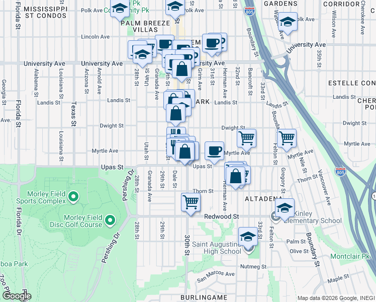 map of restaurants, bars, coffee shops, grocery stores, and more near Myrtle Avenue in San Diego