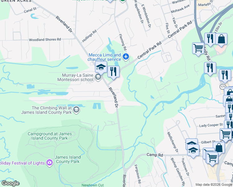 map of restaurants, bars, coffee shops, grocery stores, and more near 720 Riverland Drive in Charleston