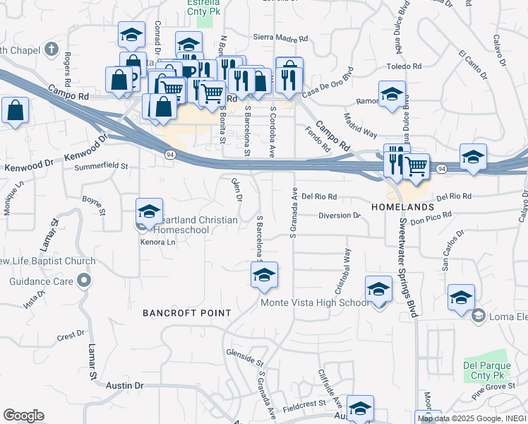 map of restaurants, bars, coffee shops, grocery stores, and more near 3419 South Barcelona Street in Spring Valley