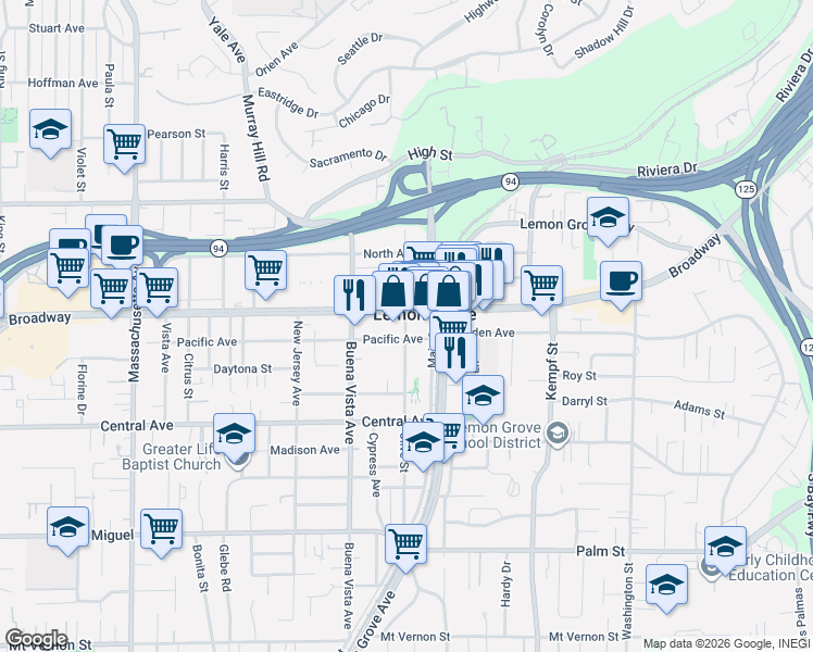 map of restaurants, bars, coffee shops, grocery stores, and more near 3345 Olive St in Lemon Grove