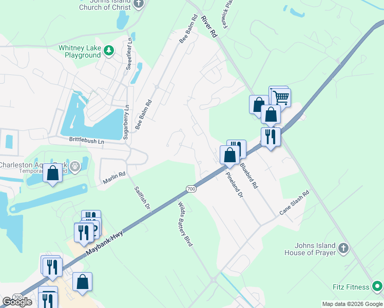 map of restaurants, bars, coffee shops, grocery stores, and more near 1765 Hickory Knoll in Johns Island