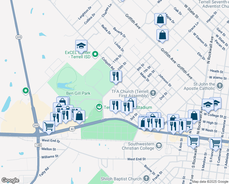 map of restaurants, bars, coffee shops, grocery stores, and more near 150 9th Street in Terrell