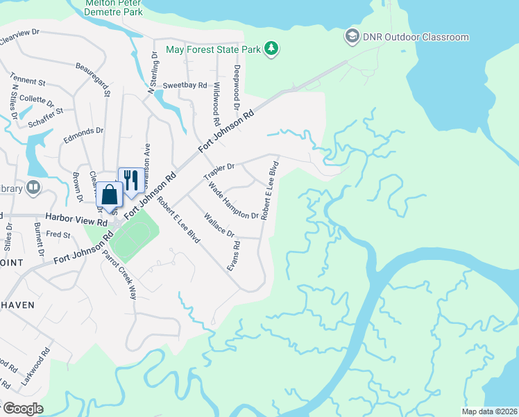 map of restaurants, bars, coffee shops, grocery stores, and more near 856 Robert E Lee Boulevard in Charleston