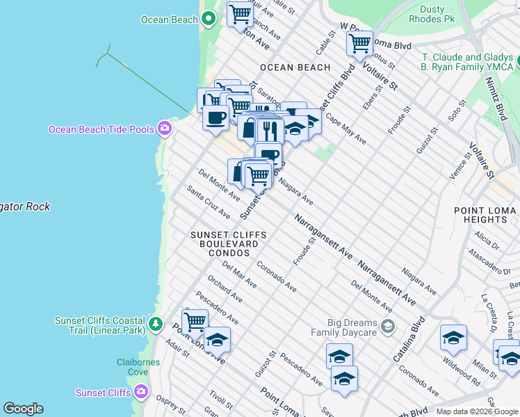 map of restaurants, bars, coffee shops, grocery stores, and more near 4760 Del Monte Avenue in San Diego
