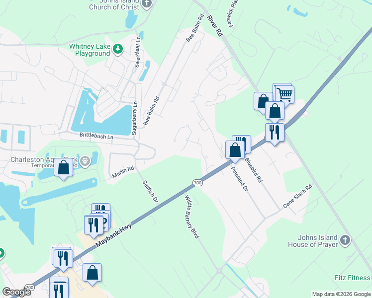 map of restaurants, bars, coffee shops, grocery stores, and more near 1765 Hickory Knoll in Johns Island