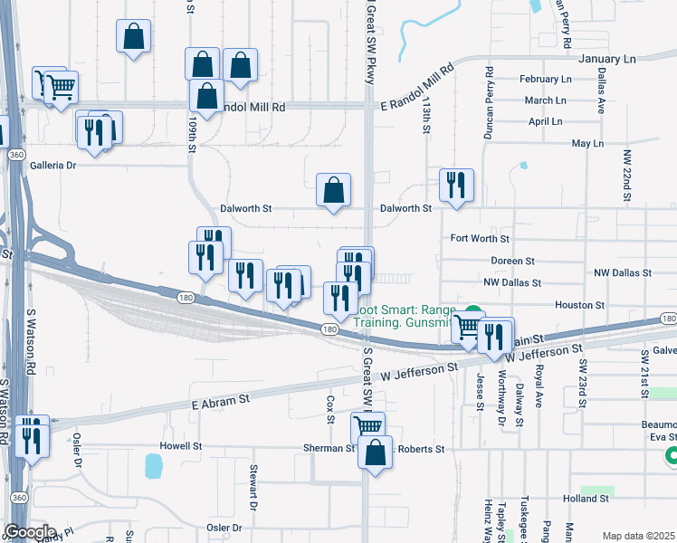 map of restaurants, bars, coffee shops, grocery stores, and more near 313 North Great Southwest Parkway in Arlington