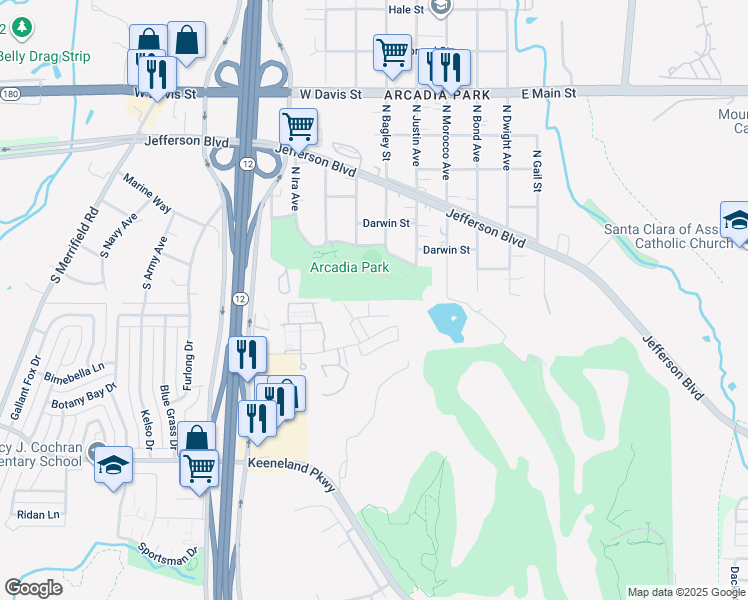 map of restaurants, bars, coffee shops, grocery stores, and more near 3302 South Arcadia Drive in Dallas