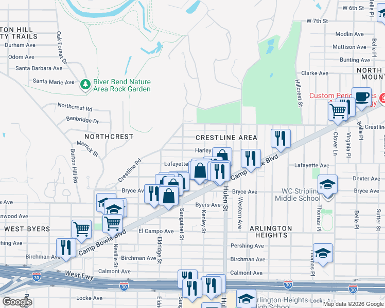 map of restaurants, bars, coffee shops, grocery stores, and more near 4721 Harley Avenue in Fort Worth