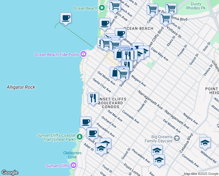 map of restaurants, bars, coffee shops, grocery stores, and more near 4852 Santa Cruz Avenue in San Diego