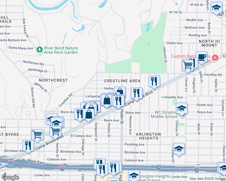map of restaurants, bars, coffee shops, grocery stores, and more near 4629 Harley Avenue in Fort Worth