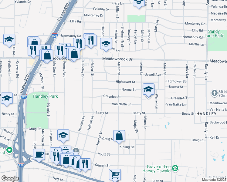 map of restaurants, bars, coffee shops, grocery stores, and more near 6828 Norma Street in Fort Worth