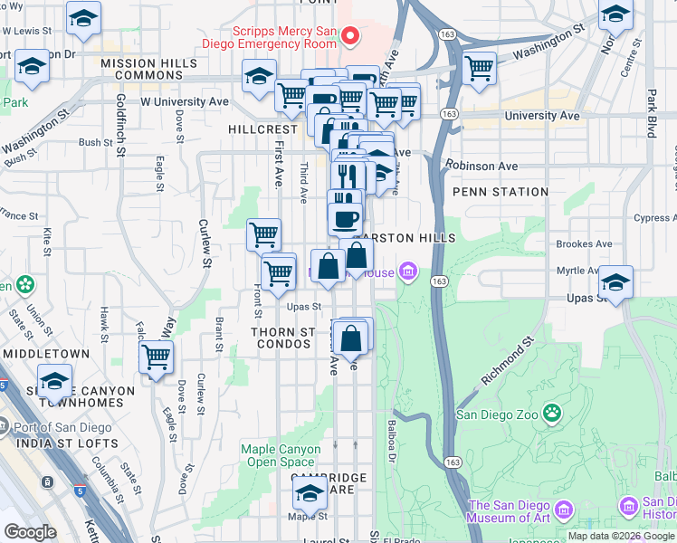 map of restaurants, bars, coffee shops, grocery stores, and more near 3534 Fifth Avenue in San Diego