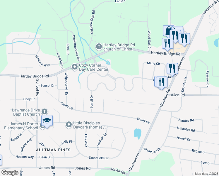 map of restaurants, bars, coffee shops, grocery stores, and more near 3345 Bridgewood Drive in Macon