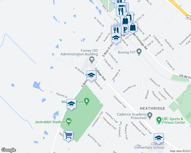 map of restaurants, bars, coffee shops, grocery stores, and more near Maple in Forney